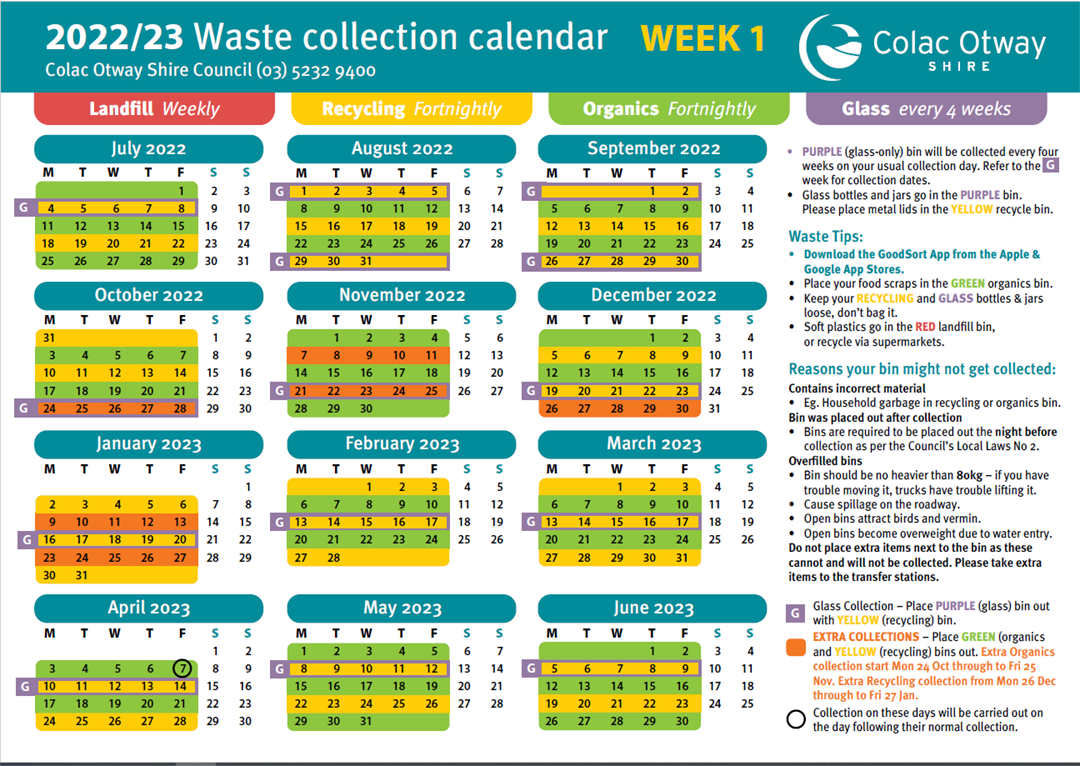 Kerbside Collection Waste, Recycling & Organics Calendars Colac Otway