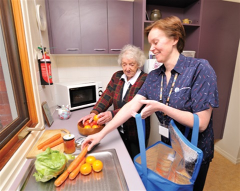 Support staff assist older lady unpack shopping