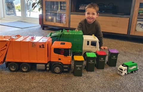 Will Stephens with his four mini bins is ready for the start of the purple bin waste collection starting in Colac Otway Shire on Monday pic credit Cassie Stephens.jpg